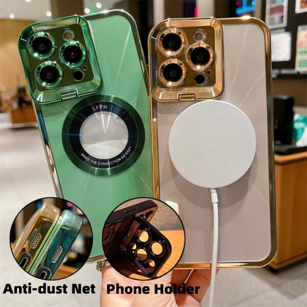 Electroplated Phone Case Luxury Plating CD Pattern Magsafe Bracket Case For IPhone Invisible Camera Stand Holder Lens Holder Magnetic Suction - Image 2