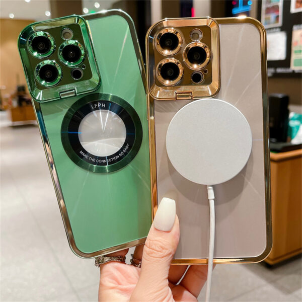 Electroplated Phone Case Luxury Plating CD Pattern Magsafe Bracket Case For IPhone Invisible Camera Stand Holder Lens Holder Magnetic Suction - Image 10